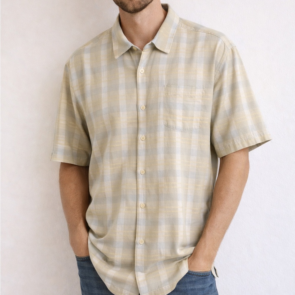 Tommy Bahama Cream Gold Checkered Silk Blend Button Down XL